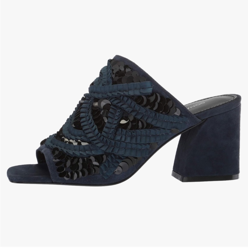 Navy Blue Block Heel Open Toe Slide Sandals Leather & Suede With Sequin Design - Picture 4 of 15